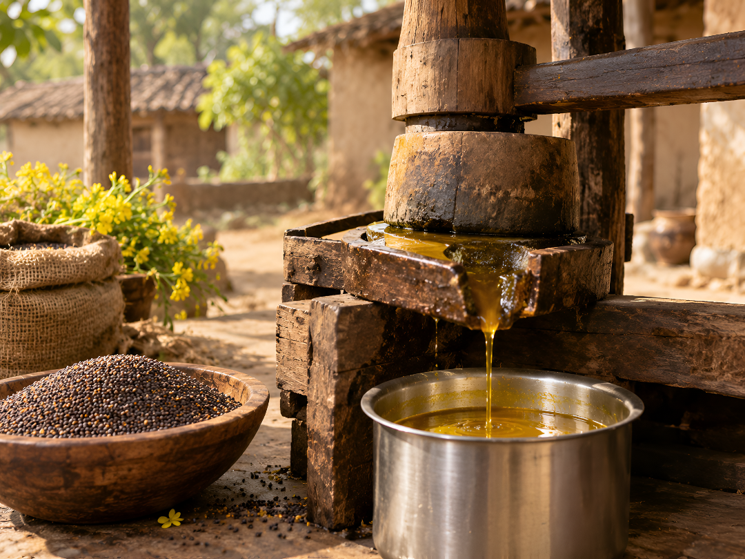 Traditional wooden oil press extracting golden mustard oil