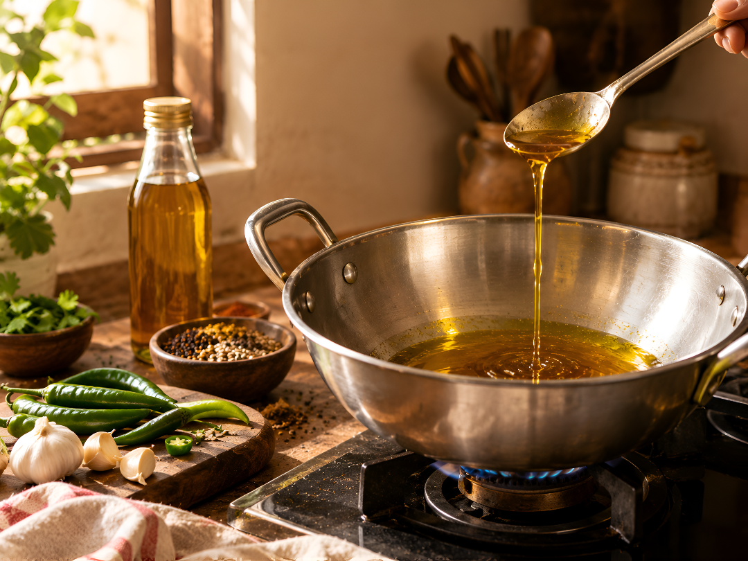 Golden mustard oil being drizzled into a kadhai in an Indian kitchen
